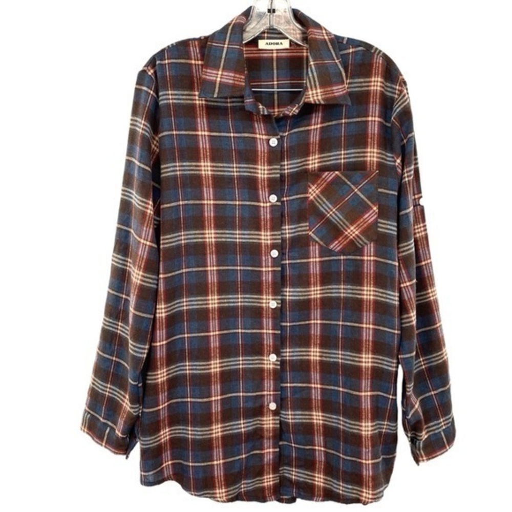 Adora Women’s Oversized Long Plaid Flannel Button Down Shirt Gorpcore Granola